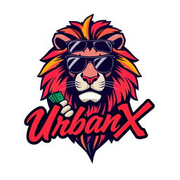 A vibrant modern illustration of a logo for the 'UrbanX' YouTube channel, featuring a minimalist and aggressive lion wearing sunglasses, counting money