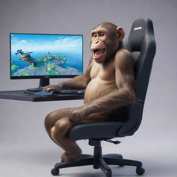 A joyful monkey sitting in a gaming chair, playing Fortnite on a high-tech computer with a large screen and spine-tingling excitement noticeable in its eyes.