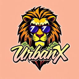 A vibrant modern illustration of a logo for the 'UrbanX' YouTube channel, featuring a minimalist and aggressive lion wearing sunglasses, counting money