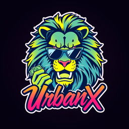 A vibrant modern illustration of a logo for the 'UrbanX' YouTube channel, featuring a minimalist and aggressive lion wearing sunglasses, counting money