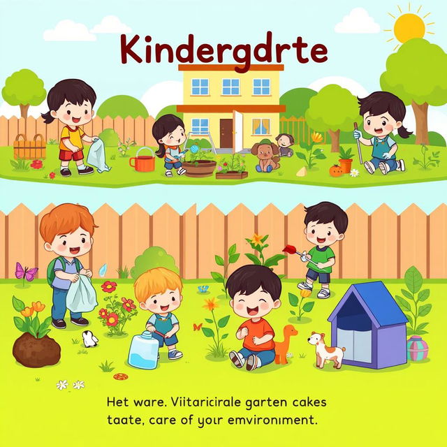 A cute cartoon style poster featuring 5-year-old kindergarten students from "Victoria Kindergarten" engaging in various activities to take care of their environments