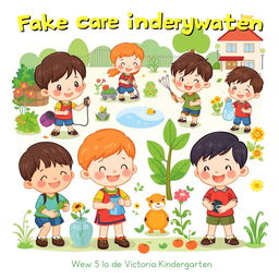 A cute cartoon style poster featuring 5-year-old kindergarten students from "Victoria Kindergarten" engaging in various activities to take care of their environments