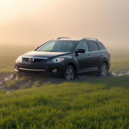 A hyper realistic image of a black 2009 Mazda CX-9 Luxury TB Series 3 2WD stuck in the mud in the middle of a grass field on a foggy morning