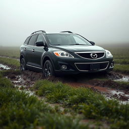 A hyper realistic image of a black 2009 Mazda CX-9 Luxury TB Series 3 2WD stuck in the mud in the middle of a grass field on a foggy morning