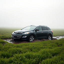 A hyper realistic image of a black 2009 Mazda CX-9 Luxury TB Series 3 2WD stuck in the mud in the middle of a grass field on a foggy morning