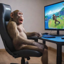 A joyful monkey sitting in a gaming chair, playing Fortnite on a high-tech computer with a large screen and spine-tingling excitement noticeable in its eyes.