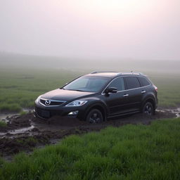 A hyper realistic image of a black 2009 Mazda CX-9 Luxury TB Series 3 2WD stuck in the mud in the middle of a grass field on a foggy morning