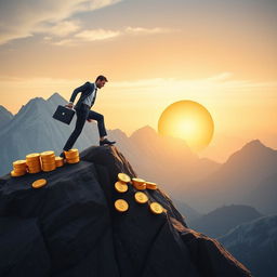 A determined investor climbing a graph-like mountain peak representing financial growth and success