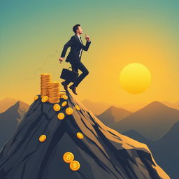 A determined investor climbing a graph-like mountain peak representing financial growth and success