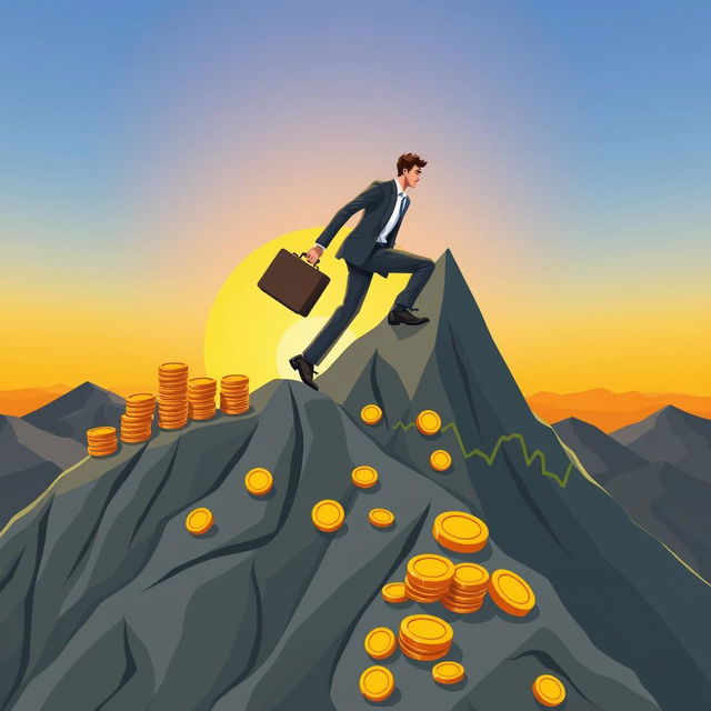 A determined investor climbing a graph-like mountain peak representing financial growth and success