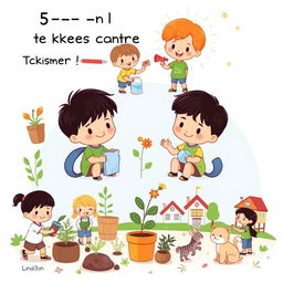 A cute cartoon style poster featuring 5-year-old kindergarten students engaging in various activities to take care of their environments