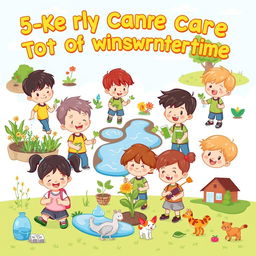 A cute cartoon style poster featuring 5-year-old kindergarten students engaging in various activities to take care of their environments