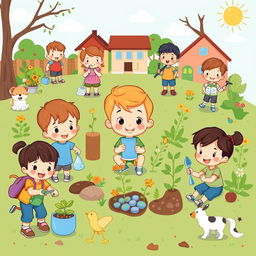 A cute cartoon style poster featuring 5-year-old kindergarten students engaging in various activities to take care of their environments