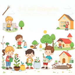 A cute cartoon style poster featuring 5-year-old kindergarten students engaging in various activities to take care of their environments