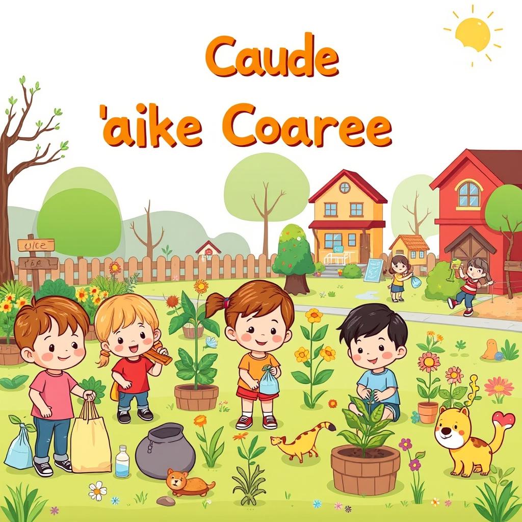 A cute cartoon style poster featuring children, resembling 5-year-old kindergarten students, engaging in various activities to take care of their environments