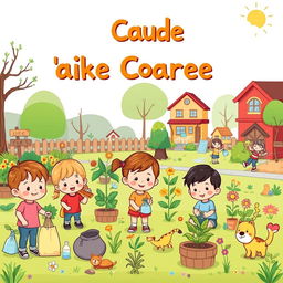 A cute cartoon style poster featuring children, resembling 5-year-old kindergarten students, engaging in various activities to take care of their environments