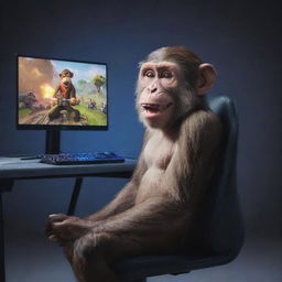 A joyful monkey sitting in a gaming chair, playing Fortnite on a high-tech computer with a large screen and spine-tingling excitement noticeable in its eyes.