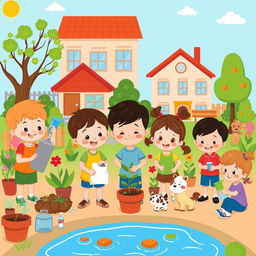 A cute cartoon style poster featuring children, resembling 5-year-old kindergarten students, engaging in various activities to take care of their environments