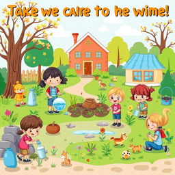 A cute cartoon style poster featuring children, resembling 5-year-old kindergarten students, engaging in various activities to take care of their environments