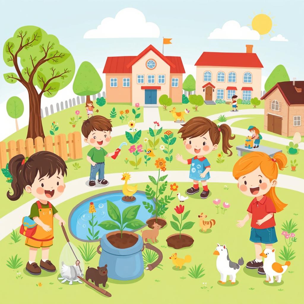 A cute cartoon style poster featuring children, resembling 5-year-old kindergarten students, engaging in various activities to take care of their environments