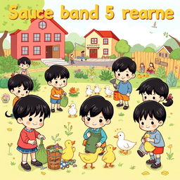 A cute cartoon style poster featuring 5-year-old kindergarten students with black hair engaging in various activities to take care of their environments