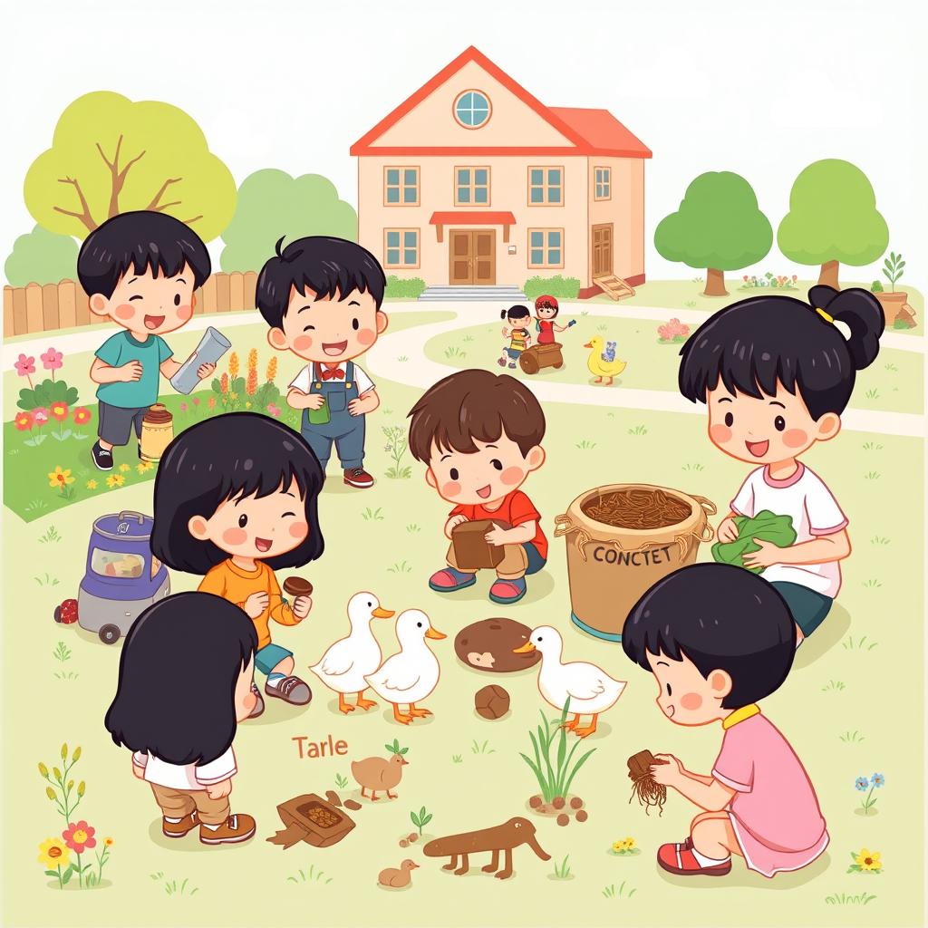 A cute cartoon style poster featuring 5-year-old kindergarten students with black hair engaging in various activities to take care of their environments