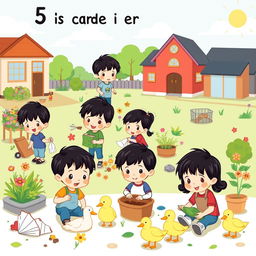 A cute cartoon style poster featuring 5-year-old kindergarten students with black hair engaging in various activities to take care of their environments