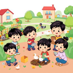 A cute cartoon style poster featuring 5-year-old kindergarten students with black hair engaging in various activities to take care of their environments