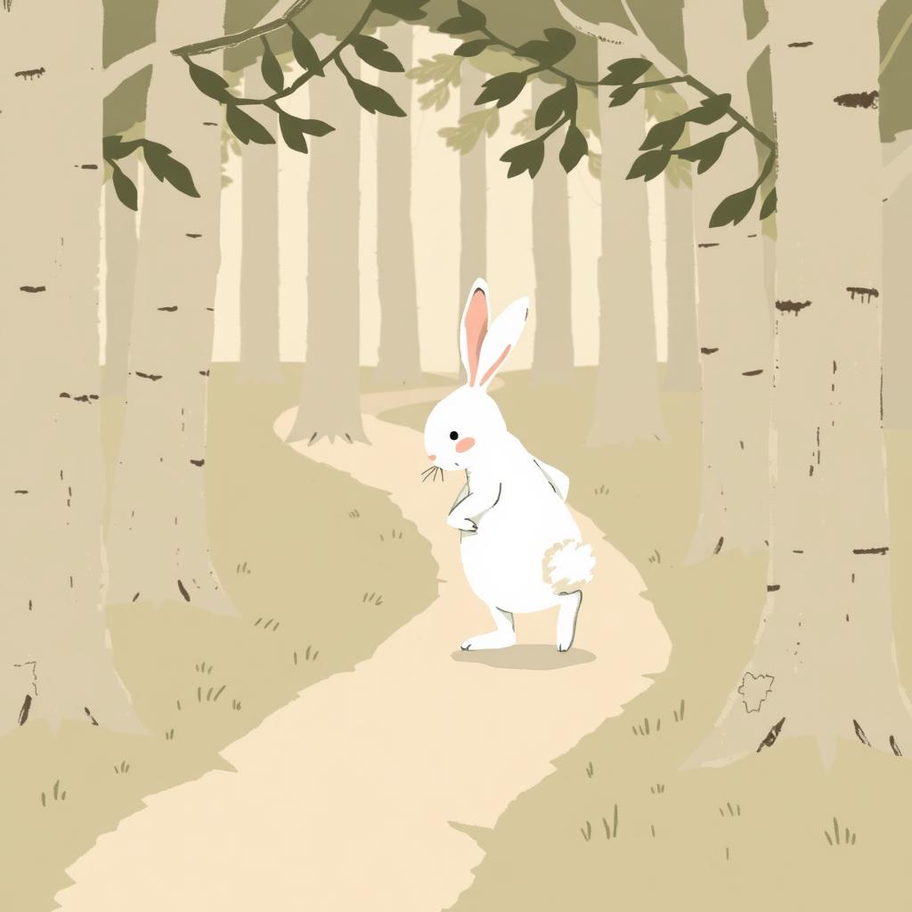 A small white rabbit is depicted walking along a forest path, gently touching its rear as if nursing an ache, in Jon Klassen's unique style