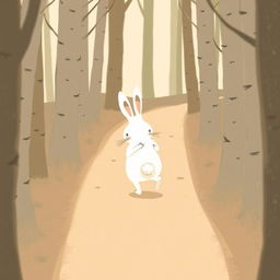 A small white rabbit is depicted walking along a forest path, gently touching its rear as if nursing an ache, in Jon Klassen's unique style