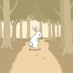 A small white rabbit is depicted walking along a forest path, gently touching its rear as if nursing an ache, in Jon Klassen's unique style