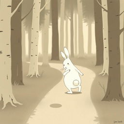 A small white rabbit is depicted walking along a forest path, gently touching its rear as if nursing an ache, in Jon Klassen's unique style