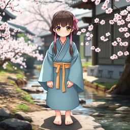 A girl from feudal Japan stands barefoot, wearing a light blue kimono with tight sleeves