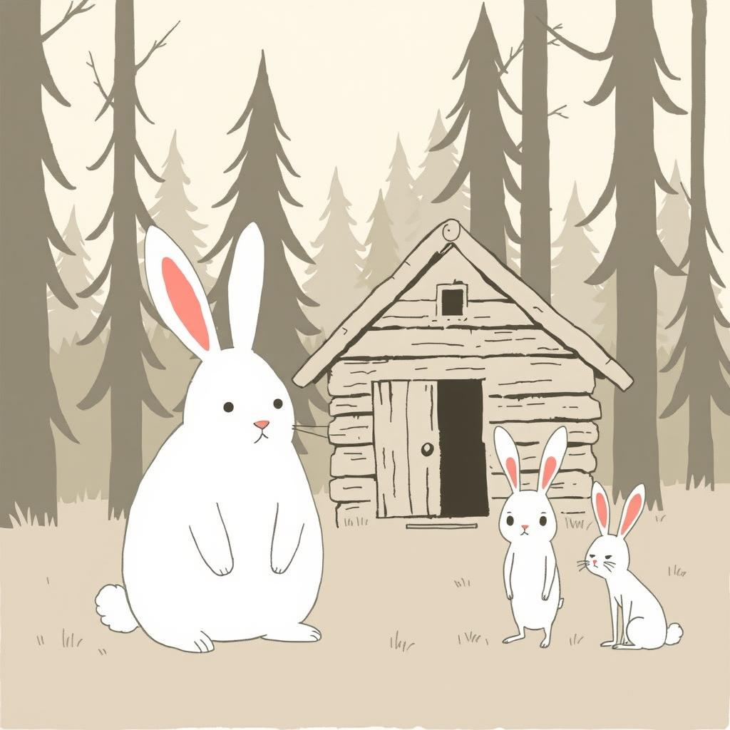 In front of a small cabin in the forest, a large white rabbit is standing calmly, while a small white rabbit next to it has an angry expression