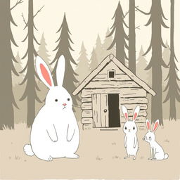 In front of a small cabin in the forest, a large white rabbit is standing calmly, while a small white rabbit next to it has an angry expression