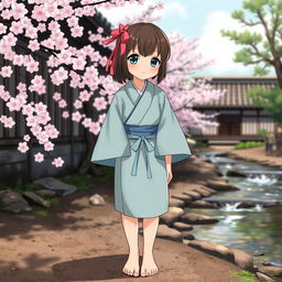 A girl from feudal Japan stands barefoot, wearing a light blue kimono with tight sleeves