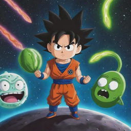 Tiny Goku from Dragon Ball Z in an epic face-off with Pickle Rick from Rick and Morty, set in outer space.