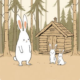 In front of a small cabin in the forest, a large white rabbit is standing calmly, while a small white rabbit next to it has an angry expression