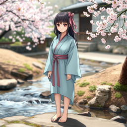 A girl from feudal Japan stands barefoot, wearing a light blue kimono with tight sleeves