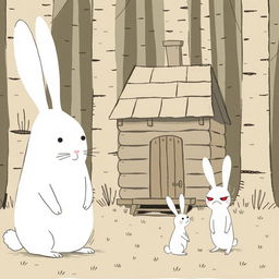 In front of a small cabin in the forest, a large white rabbit is standing calmly, while a small white rabbit next to it has an angry expression