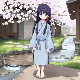 A girl from feudal Japan stands barefoot, wearing a light blue kimono with tight sleeves