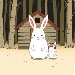 In front of a small cabin in the forest, a large white rabbit is standing calmly, while a small white rabbit next to it has an angry expression