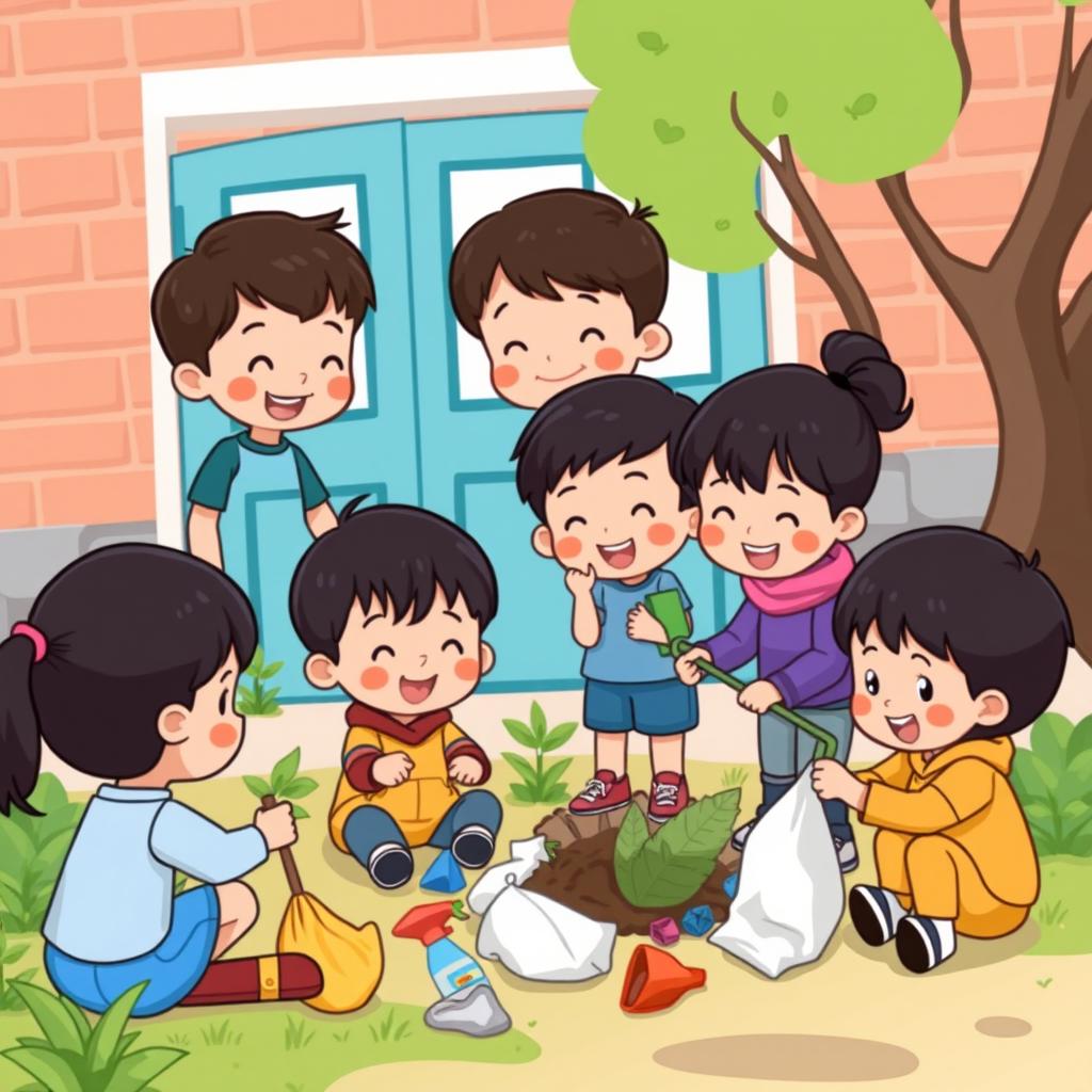 A cute cartoon style poster featuring 5-year-old kindergarten students with black hair engaging in taking care of their environment outside their schoolyard