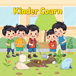 A cute cartoon style poster featuring 5-year-old kindergarten students with black hair engaging in taking care of their environment outside their schoolyard