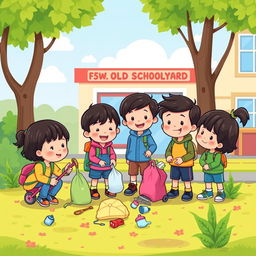 A cute cartoon style poster featuring 5-year-old kindergarten students with black hair engaging in taking care of their environment outside their schoolyard