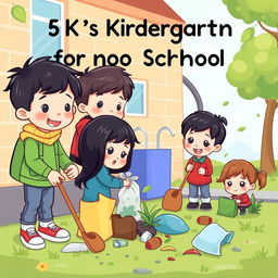 A cute cartoon style poster featuring 5-year-old kindergarten students with black hair engaging in taking care of their environment outside their schoolyard