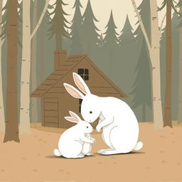 In front of a small cabin in the forest, a large white rabbit is seen comforting a smaller white rabbit, portrayed in Jon Klassen's unique style