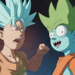 Tiny Goku from Dragon Ball Z in an epic face-off with Pickle Rick from Rick and Morty, set in outer space.