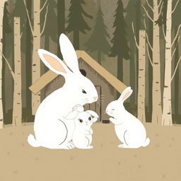 In front of a small cabin in the forest, a large white rabbit is seen comforting a smaller white rabbit, portrayed in Jon Klassen's unique style