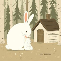 In front of a small cabin in the forest, a large white rabbit is seen comforting a smaller white rabbit, portrayed in Jon Klassen's unique style